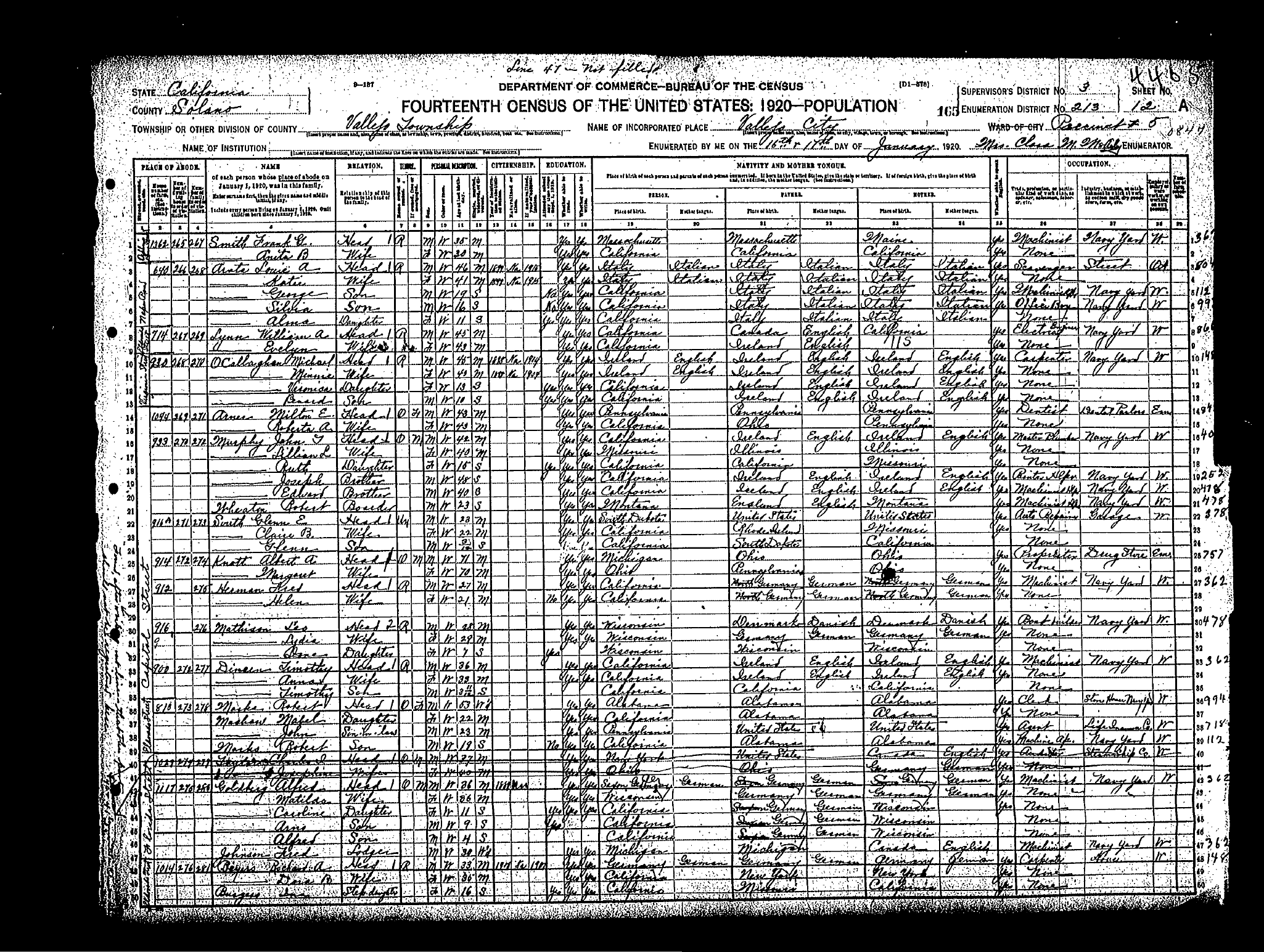 1920 Census Sheet - Vallejo CA